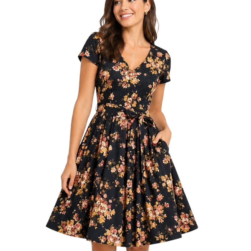 ModCloth Fit Flare Dress XS Navy Floral Tie Waist Pockets Wedding Guest Boho
